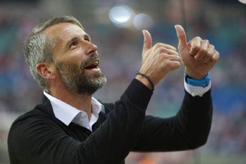 UEFA Europa League 2018 2019 Group Stage Group Stage 1 Gameday RB Leipzig vs. FC Salzburg Red Bull Salzburg 20 09 2018 Marco Rose Coach of FC Salzburg Red Bull Salzburg thanks thumbs up Leipzig Saxony Germany