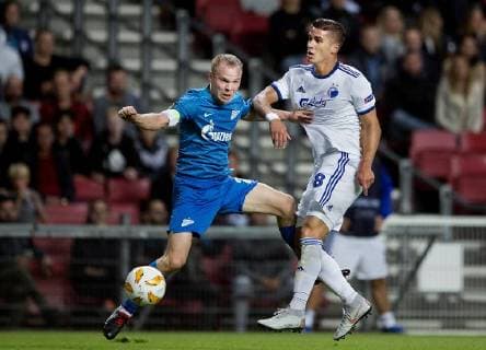 FCKs Pieros Sotiriou og FC Zenits Aleksandr Anyukov i Europa League kamp mellem FCK-FC Zenit i Telia Parken torsdag den september 2018. , Copenhagen Denmark  Copyright: Scanpix LiselottexSabroex COP101 spdk20180920-231837-L