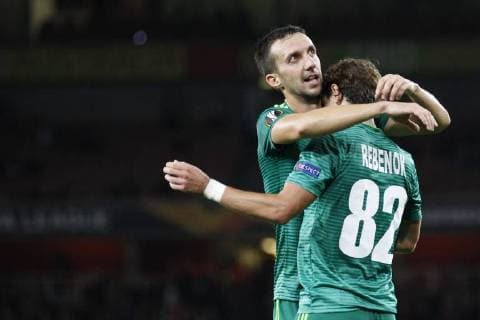 GOAL - Vyacheslav Sharpar is congratulated by Pavlo Rebenok of Vorskla uring the UEFA Europa League Group Stage match between Arsenal FC and FC Vorskla Poltava at the Emirates Stadium, London, England on 20 September 2018. Copyright: xCarltonxMyriex 21100029