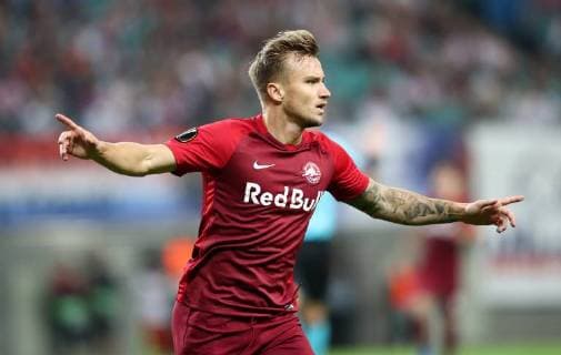 RB Leipzig Salzburg Soccer Euro League Leipzig 20 09 2018 Red Bull Arena Soccer UEFA Europa League RB Leipzig GER vs FC Salzburg AUT 2 3 0 2 Pictured goalscorer Fredrik Gulbrandsen 21 Salzburg Torjubel after scoring the 2 3 UEFA Êregulations prohibit any use of photographs as image sequences and or quasi video