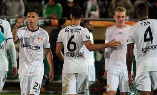 20.09.2018 Razgrad(Bulgaria) PFC Ludogorets-Bayer 04 Leverkusen Europa League men s football Dominik Kohr(L) and Julian Brandt(3L) Bayer 04 Leverkusen celebrate victory after match : 
