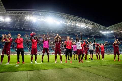 The joy of victory at FC Red Bull Salzburg after the match in the UEFA Europa League between RB Leipzig and FC Red Bull Salzburg at the Red Bull Arena on 20 September 2018 in Leipzig Saxony Germany FB EL RB Leipzig FC Red Bull Salzburg Copyright: xEIBNER HartmutxBoesenerx EP_HBR