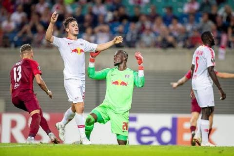 Midfielder Diego Demme 31 of RB Leipzig and goalkeeper Yvon Mvogo 28 of RB Leipzig after the 2 3 of Sturm player Hannes Wolf 13 of FC RB Salzburg during the meeting in the UEFA Europa League between RB Leipzig and FC Red Bull Salzburg in the Red Bull Arena on 20 september 2018 in Leipzig Saxony Germany FB EL RB Leipzig FC Red Bull Salzburg Copyright: xEIBNER HartmutxBoesenerx EP_HBR