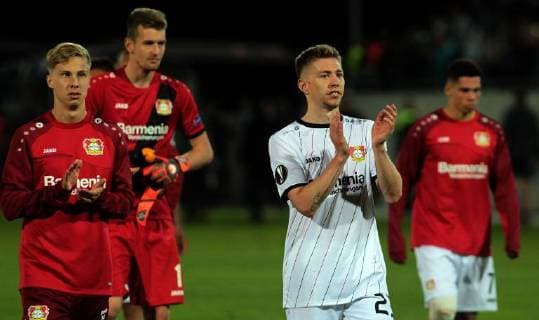 20.09.2018 Razgrad(Bulgaria) PFC Ludogorets-Bayer 04 Leverkusen Europa League men s football Sam Schreck(L),Mitchell Weiser(r) Bayer 04 Leverkusen celebrate after match : 