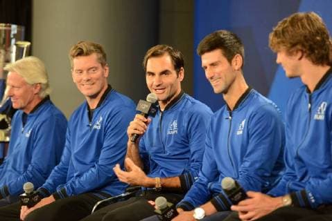 September 20, 2018 - Chicago, Illinois, United States - ROGER FEDERER , NOVAK DJOKOVIC , ALEXANDER ZVEREV and other members of the World Team speak with the media prior to the start of the 2018 Laver Cup tennis event in Chicago. Tennis 2018: Laver Cup - ZUMAl132 20180920_zap_l132_003 Copyright: xChristopherxLevyx