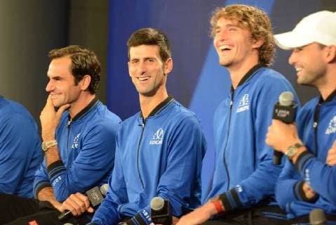 September 20, 2018 - Chicago, Illinois, United States - ROGER FEDERER , NOVAK DJOKOVIC , ALEXANDER ZVEREV and other members of the Europe Team speak with the media prior to the start of the 2018 Laver Cup tennis event in Chicago. Tennis 2018: Laver Cup - ZUMAl132 20180920_zap_l132_010 Copyright: xChristopherxLevyx