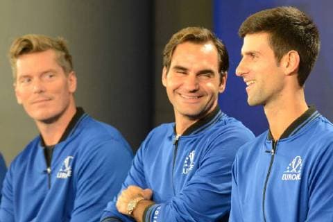 September 20, 2018 - Chicago, Illinois, United States - Members of the Eurpoe Team speak with the media prior to the start of the 2018 Laver Cup tennis event in Chicago. Tennis 2018: Laver Cup - ZUMAl132 20180920_zap_l132_011 Copyright: xChristopherxLevyx