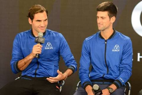September 20, 2018 - Chicago, Illinois, United States - ROGER FEDERER and NOVAK DJOKOVIC of the Europe Team speak with the media prior to the start of the 2018 Laver Cup tennis event in Chicago. Tennis 2018: Laver Cup - ZUMAl132 20180920_zap_l132_012 Copyright: xChristopherxLevyx