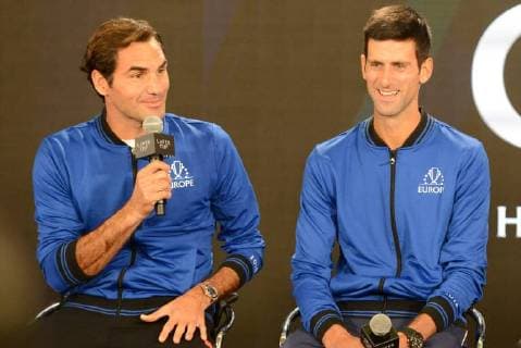 September 20, 2018 - Chicago, Illinois, United States - ROGER FEDERER and NOVAK DJOKOVIC of the Europe Team speak with the media prior to the start of the 2018 Laver Cup tennis event in Chicago. Tennis 2018: Laver Cup - ZUMAl132 20180920_zap_l132_013 Copyright: xChristopherxLevyx