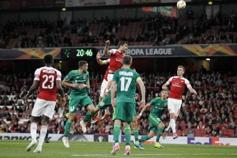 Sokratis Papastathopoulos of Arsenal soars for the header during the UEFA Europa League Group Stage match between Arsenal FC and FC Vorskla Poltava at the Emirates Stadium, London, England on 20 September 2018. Copyright: xCarltonxMyriex 21100078