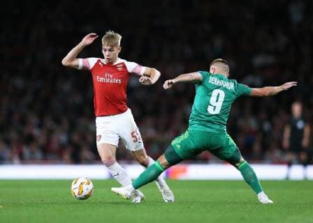 & xa7;20th September 2018, Emirates Stadium, London, England; UEFA Europa League football, Arsenal versus Vorskla Poltava; Emile Smith Rowe of Arsenal runs past Mykhaylo Serhiychuk of Vorskla Poltava  ActionPlus12064103 JohnxPatrickxFletcher