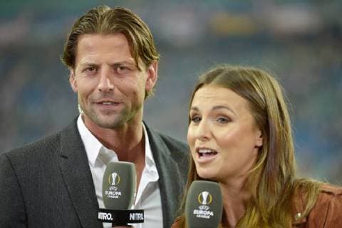 UEFA Europa League 2018 2019 Group Stage Group Stage 1 Gameday RB Leipzig vs. FC Salzburg Red Bull Salzburg 20 09 2018 RTL Nitro Presenter Laura Wontorra re with football expert Roman Weidenfeller li Leipzig Saxony Germany