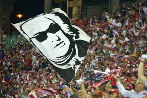 UEFA Europa League 2018 2019 Group stage Group Stage 1 Gameday RB Leipzig vs. Salzburg FC Red Bull Salzburg 20 09 2018 A look into the RBL Fankurve a banner with the face of Johann Sebstian Bach and sunglasses is panned Leipzig Saxony Germany
