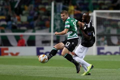 September 20, 2018 - Lisbon, Portugal - Sporting s defender Stefan Ristovsk from Macedonia (L) vies with Qarabag s forward Innocent Emeghara during the UEFA Europa League Group E football match Sporting CP vs Qarabag at Alvalade stadium in Lisbon, on September 20, 2018. Sporting CP v Qarabag FK - UEFA Europa League - Group E  - ZUMAn230 20180920_zaa_n230_340 Copyright: xPedroxFiuzax