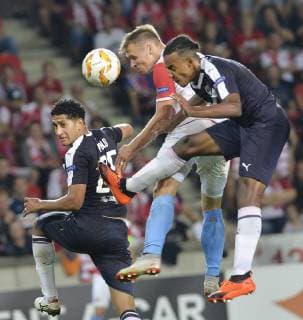 L-R Pablo Nascimento Castro of Bordeaux, Stanislav Tecl of Slavia and Joles Kounde of Bordeaux in action during the 1st round, Group C, UEFA Europa League match SK Slavia Praha vs Girondins Bordeaux in Prague, Czech Republic, on September 20, 2018 . (CTKxPhoto MichaelaxRihova) CTKPhotoP201809201199201  mir 9