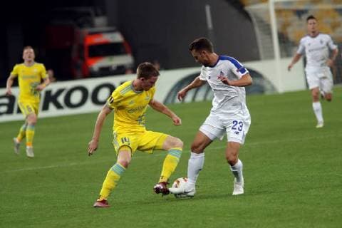 Midfielder Marin Tomasov (L) of FC Astana and defender Josip Pivaric of FC Dynamo Kyiv are seen in action during the UEFA Europa League Group K Matchday 1 match at the NSC Olimpiyskiy, Kyiv, capital of Ukraine, September 20, 2018. Ukrinform. KYIV. FC Dynamo Kyiv and FC Astana have played to a 2-2 draw in the UEFA Europa League Group K Matchday 1 fixture on the pitch of the NSC Olimpiyskiy in the Ukrainian capital, Kyiv. Midfielder Viktor Tsyhankov of Dynamo scored an opener 11 minutes into the game. Astana s defender Marin Anicic planted an equaliser 10 minutes later. The hosts responded with a goal in added time after the first half (Harmash, 45+1). The team from Kazakhstan managed to snatch a draw only during extra time with forward Roman Murtazayev s goal (90+5). 2-2 draw for Dynamo, Astana in Kyiv  Copyright: xPavlo_Bagmutx