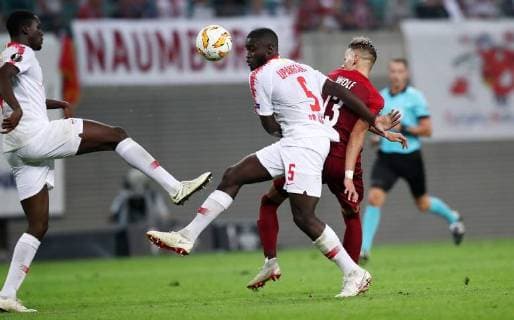 RB Leipzig Salzburg Soccer Euro League Leipzig 20 09 2018 Red Bull Arena Soccer UEFA Europa League RB Leipzig GER vs FC Salzburg AUT 2 3 0 2 Pictured Ibrahima KonatŽ Konate 6 RB Leipzig Dayot Upamecano 5 RB Leipzig and Hannes Wolf 13 Salzburg Wolf heads the Ball with hoe UEFA UEFA does not prohibit any use of photographs