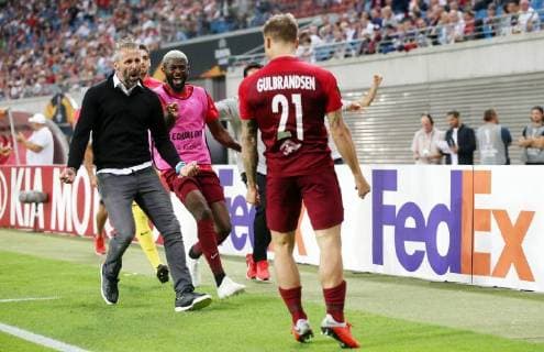 RB Leipzig Salzburg Soccer Euro League Leipzig 20 09 2018 Red Bull Arena Soccer UEFA Europa League RB Leipzig GER vs FC Salzburg AUT 2 3 0 2 Pictured Salzburg goalscorer V l Coach Marco Rose Salzburg Jerome Onguene 6 Salzburg and goal scorer Fredrik Gulbrandsen 21 Salzburg UEFA Êregulations prohibit any use of photographs as image sequences and or quasi video