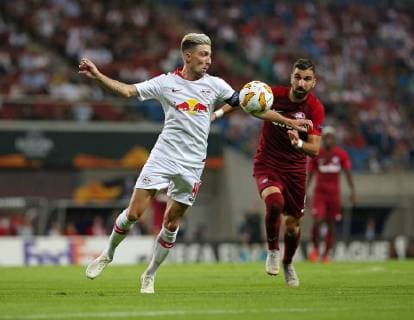 20 09 2018 Football UEFA Europa League 2018 2019 Group Stage 1 Gameday RB Leipzig FC Salzburg at Red Bull Arena Leipzig LR Kevin Kampl RB Leipzig in action with Munas Dabbur RB Salzburg DFL and DFB regulations prohibit any use of images as image sequences and or quasi video