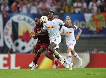 20 09 2018 Football UEFA Europa League 2018 2019 Group Stage 1 Gameday RB Leipzig FC Salzburg at Red Bull Arena Leipzig LR Reinhold Yabo RB Salzburg in action with Ibrahima Konate RB Leipzig DFL and DFB regulations prohibit any use of images as image sequences and or quasi video