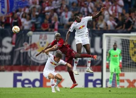 20 09 2018 Football UEFA Europa League 2018 2019 Group Stage 1 Gameday RB Leipzig FC Salzburg at Red Bull Arena Leipzig LR Diego Demme RB Leipzig in action with Amadou Haidara RB Salzburg and Ibrahima Konate RB Leipzig DFL and DFB regulations prohibit any use of photographs as image sequences and or quasi video