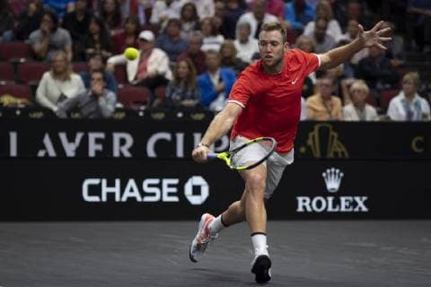 September 21, 2018 - Chicago, Illinois, U.S - JACK SOCK of the United States hits a forehand lob during the second singles match on Day One of the Laver Cup at the United Center in Chicago, Illinois. Laver Cup Day 1 - ZUMAl140 20180921_zap_l140_050 Copyright: xShelleyxLiptonx