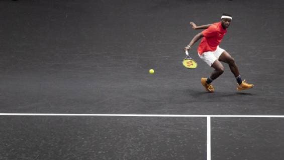 September 21, 2018 - Chicago, Illinois, U.S - FRANCES TIAFOE of the United States hits a backhand shot against Grigor Dimitrov of Bulgaria during the first match on Day One of the Laver Cup at the United Center in Chicago, Illinois. Tiafoe lost 6-1, 6-4. Tennis 2018: Laver Cup: Day 1 - ZUMAl140 20180921_jlr_l140_008 Copyright: xShelleyxLiptonx