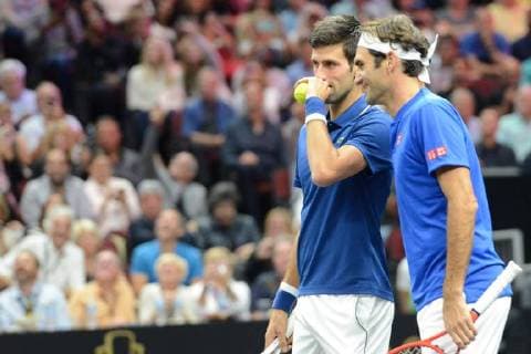 September 21, 2018 - Chicago, Illinois, United States - ROGER FEDERER and NOVAK DJOKOVIC in doubles action in the 2018 Laver Cup tennis event in Chicago. Tennis 2018: Laver Cup - ZUMAl132 20180921_zap_l132_016 Copyright: xChristopherxLevyx
