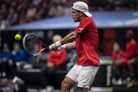 September 21, 2018 - Chicago, Illinois, U.S - DIEGO SCHWARTZMAN of Argentina hits a backhand during the third singles match on Day One of the Laver Cup at the United Center in Chicago, Illinois. Laver Cup Day 1 - ZUMAl140 20180921_zap_l140_067 Copyright: xShelleyxLiptonx