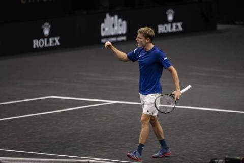September 21, 2018 - Chicago, Illinois, U.S - DAVID GOFFIN of Belgium celebrates winning a match during the third singles match on Day One of the Laver Cup at the United Center in Chicago, Illinois. Laver Cup Day 1 - ZUMAl140 20180921_zap_l140_087 Copyright: xShelleyxLiptonx