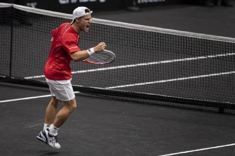 September 21, 2018 - Chicago, Illinois, U.S - DIEGO SCHWARTZMAN of Argentina celebrates during the third singles match on Day One of the Laver Cup at the United Center in Chicago, Illinois. Laver Cup Day 1 - ZUMAl140 20180921_zap_l140_084 Copyright: xShelleyxLiptonx