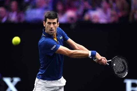 CHICAGO, IL - SEPTEMBER 21: Team Europe Novak Djokovic of Serbia returns the ball with Team Europe Roger Federer of Switzerland (not seen) against Team World Jack Sock of the United States and Team World Kevin Anderson of South Africa during their Men s Doubles match on day one of the 2018 Laver Cup at the United Center on September 21, 2018 in Chicago, Illinois.(Photo by Robin Alam Icon Sportswire) TENNIS: SEP 21 Laver Cup Icon164180921119 EDITORIAL USE ONLY