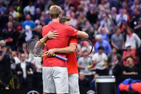 CHICAGO, IL - SEPTEMBER 21: Team World Jack Sock of the United States celebrates with Team World Kevin Anderson of South Africa after defeating Team Europe Novak Djokovic of Serbia Team Europe Roger Federer of Switzerland in their Men s Doubles match on day one of the 2018 Laver Cup at the United Center on September 21, 2018 in Chicago, Illinois. (Photo by Robin Alam Icon Sportswire) TENNIS: SEP 21 Laver Cup Icon164180921122 EDITORIAL USE ONLY