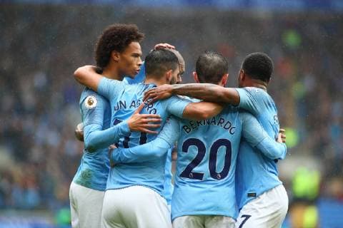 Sport Bilder des Tages 22nd September 2018, Cardiff City Stadium, Cardiff, Wales; EPL Premier League football, Cardiff City versus Manchester City; Manchester City players celebrate going 0-1 up in the 1st half  ActionPlus12064436 NathanxMunkley