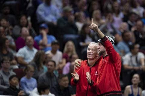 September 22, 2018 - Chicago, Illinois, U.S - Team World coach JOHN MCENROE and JACK SOCK of the United States celebrate JOHN ISNER S point during the first singles match between Team Europe and Team World on Day Two of the Laver Cup at the United Center in Chicago, Illinois. Laver Cup Day 1 - ZUMAl140 20180922_zap_l140_038 Copyright: xShelleyxLiptonx