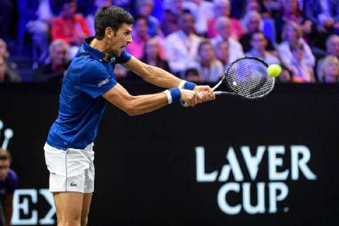 CHICAGO, IL - SEPTEMBER 22: Team Europe s Novak Djokovic of Serbia returns a ball to Team World s Kevin Anderson of South Africa during a singles match on day two of the 2018 Laver Cup on September 22, 2018, at the United Center in Chicago, Illinois. Anderson beats Djokovic 7-6(5) 5-7 10-6 . (Photo by Daniel Bartel Icon Sportswire) TENNIS: SEP 22 Laver Cup Icon180922043 EDITORIAL USE ONLY