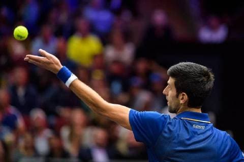 CHICAGO, IL - SEPTEMBER 22: Team Europe s Novak Djokovic of Serbia serves to Team World s Kevin Anderson of South Africa during a singles match on day two of the 2018 Laver Cup on September 22, 2018, at the United Center in Chicago, Illinois. Anderson beats Djokovic 7-6(5) 5-7 10-6 . (Photo by Daniel Bartel Icon Sportswire) TENNIS: SEP 22 Laver Cup Icon180922047 EDITORIAL USE ONLY