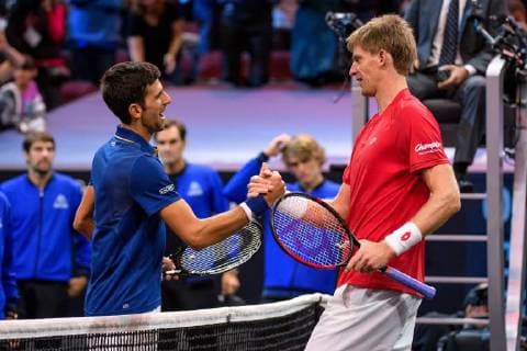 CHICAGO, IL - SEPTEMBER 22: Team Europe s Novak Djokovic of Serbia and Team World s Kevin Anderson of South Africa shake hands after a singles match on day two of the 2018 Laver Cup on September 22, 2018, at the United Center in Chicago, Illinois. Anderson beats Djokovic 7-6(5) 5-7 10-6 . (Photo by Daniel Bartel Icon Sportswire) TENNIS: SEP 22 Laver Cup Icon180922058 EDITORIAL USE ONLY