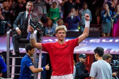 CHICAGO, IL - SEPTEMBER 22: Team World s Kevin Anderson of South Africa celebrates after a singles match on day two of the 2018 Laver Cup on September 22, 2018, at the United Center in Chicago, Illinois. Anderson beats Djokovic 7-6(5) 5-7 10-6 . (Photo by Daniel Bartel Icon Sportswire) TENNIS: SEP 22 Laver Cup Icon180922059 EDITORIAL USE ONLY
