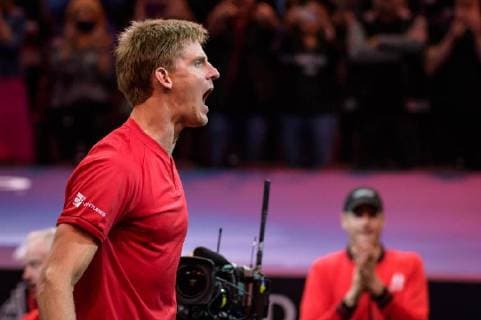 CHICAGO, IL - SEPTEMBER 22: Team World s Kevin Anderson of South Africa celebrates after a singles match on day two of the 2018 Laver Cup on September 22, 2018, at the United Center in Chicago, Illinois. Anderson beats Djokovic 7-6(5) 5-7 10-6 . (Photo by Daniel Bartel Icon Sportswire) TENNIS: SEP 22 Laver Cup Icon180922060 EDITORIAL USE ONLY
