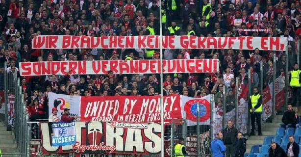 2 Football Bundesliga Season 2018 2019 6 Matchday Hamburger SV SSV Jahn Regensburg in the Volksparkstadion Banner against the awarding of the European Championship DFL REGULATIONS PROHIBIT ANY USE OF PHOTOGRAPH AS IMAGE SEQUENCES AND OR QUASI VIDEO