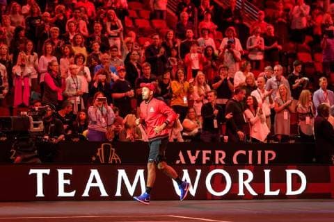 CHICAGO, IL - SEPTEMBER 23: Team World s Nick Kyrgios of Australia enters the court before a doubles match on day three of the 2018 Laver Cup on September 23, 2018, at the United Center in Chicago, Illinois. Sock & Isner beats Federer & Zverev 4-6, 7-6(2), 11-9 . (Photo by Daniel Bartel Icon Sportswire) TENNIS: SEP 23 Laver Cup Icon180923002 EDITORIAL USE ONLY
