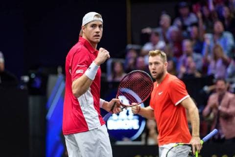 CHICAGO, IL - SEPTEMBER 23: Team World s John Isner of the United States of America and Team World s Jack Sock of the United States of America celebrate a point during a doubles match on day three of the 2018 Laver Cup on September 23, 2018, at the United Center in Chicago, Illinois. Sock & Isner beats Federer & Zverev 4-6, 7-6(2), 11-9 . (Photo by Daniel Bartel Icon Sportswire) TENNIS: SEP 23 Laver Cup Icon180923014 EDITORIAL USE ONLY