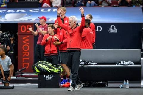 CHICAGO, IL - SEPTEMBER 23: Team World s captain John McEnroe celebrates a point during a doubles match on day three of the 2018 Laver Cup on September 23, 2018, at the United Center in Chicago, Illinois. Sock & Isner beats Federer & Zverev 4-6, 7-6(2), 11-9 . (Photo by Daniel Bartel Icon Sportswire) TENNIS: SEP 23 Laver Cup Icon180923015 EDITORIAL USE ONLY