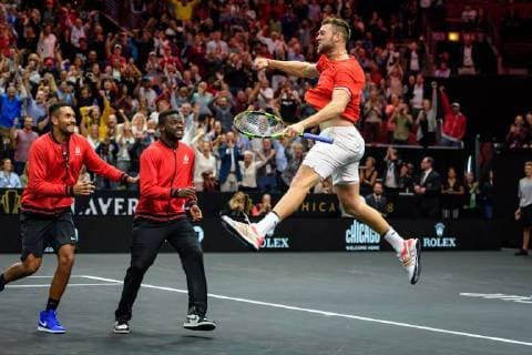 CHICAGO, IL - SEPTEMBER 23: Team World s Jack Sock of the United States of America celebrates after a doubles match on day three of the 2018 Laver Cup on September 23, 2018, at the United Center in Chicago, Illinois. Sock & Isner beats Federer & Zverev 4-6, 7-6(2), 11-9 . (Photo by Daniel Bartel Icon Sportswire) TENNIS: SEP 23 Laver Cup Icon180923018 EDITORIAL USE ONLY