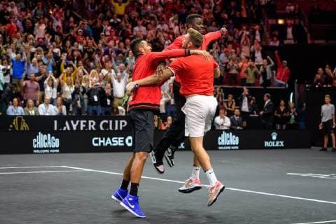CHICAGO, IL - SEPTEMBER 23: Team World s Jack Sock of the United States of America celebrate with Team World s Nick Kyrgios of Australia and Team World s Frances Tiafoe of the United States of America after a doubles match on day three of the 2018 Laver Cup on September 23, 2018, at the United Center in Chicago, Illinois. Sock & Isner beats Federer & Zverev 4-6, 7-6(2), 11-9 . (Photo by Daniel Bartel Icon Sportswire) TENNIS: SEP 23 Laver Cup Icon180923019 EDITORIAL USE ONLY