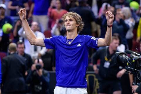 CHICAGO, IL - SEPTEMBER 23: Team Europe s Alexander Zverev of Germany celebrates his win after a singles match on day three of the 2018 Laver Cup on September 23, 2018, at the United Center in Chicago, Illinois. Zverev beats Anderson 6-7(3) 7-5 10-7 . (Photo by Daniel Bartel Icon Sportswire) TENNIS: SEP 23 Laver Cup Icon180923052 EDITORIAL USE ONLY