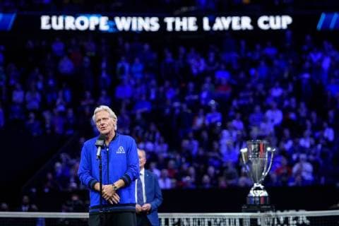 CHICAGO, IL - SEPTEMBER 23: Team Europe s captain Bjorn Borg of Sweden speaks to the crowd during the award ceremony on day three of the 2018 Laver Cup on September 23, 2018, at the United Center in Chicago, Illinois. Team Europe beat Team World 13-8. (Photo by Daniel Bartel Icon Sportswire) TENNIS: SEP 23 Laver Cup Icon180923054 EDITORIAL USE ONLY