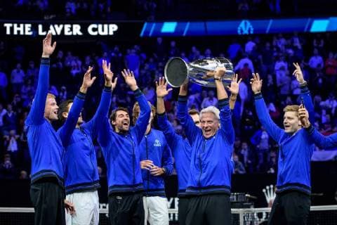 CHICAGO, IL - SEPTEMBER 23: Team Europe s captain Bjorn Borg of Sweden holds the Laver Cup trophy after the award ceremony on day three of the 2018 Laver Cup on September 23, 2018, at the United Center in Chicago, Illinois. Team Europe beat Team World 13-8. (Photo by Daniel Bartel Icon Sportswire) TENNIS: SEP 23 Laver Cup Icon180923060 EDITORIAL USE ONLY