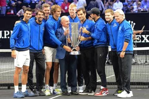 September 23, 2018 - Chicago, Illinois, United States - Team Europe poses with the trophy for the 2018 Laver Cup tennis event in Chicago. Tennis 2018: Laver Cup - ZUMAl132 20180923_zap_l132_036 Copyright: xChristopherxLevyx